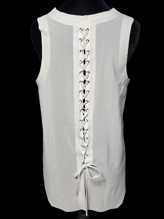 Vocal Tops - Vocal White Sheer Mesh Lace Up Tank Top With Suede Trim MED